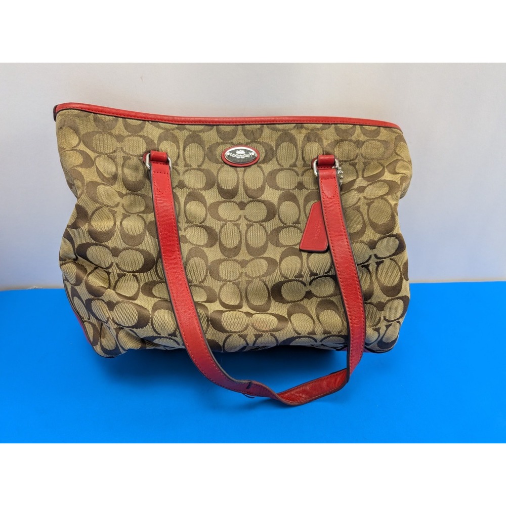 Coach Signature Canvas Brown Tote Bag Handbag Purse Red Trim